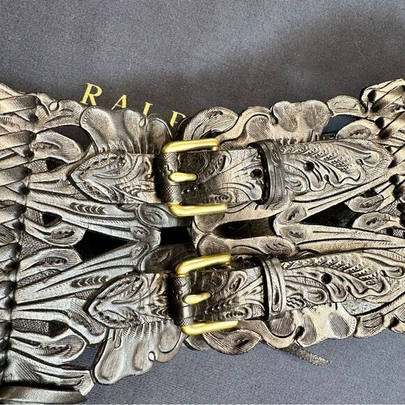 *Ralph Lauren Collection Spring 13 Black Western Tooled Leather Contour Belt main image 15
